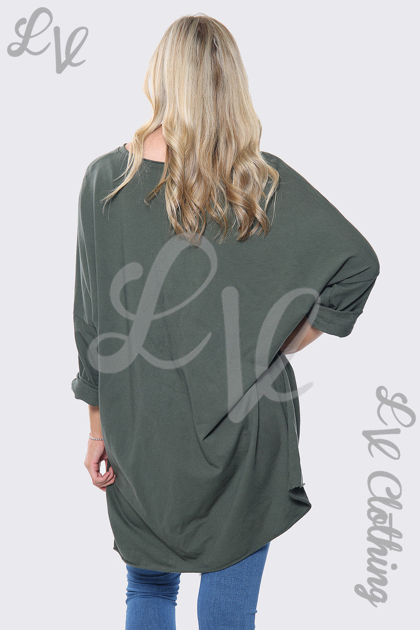 Dames Mooie Slogan Oversized Sweatshirttop Kaki Stukprijs €12,99