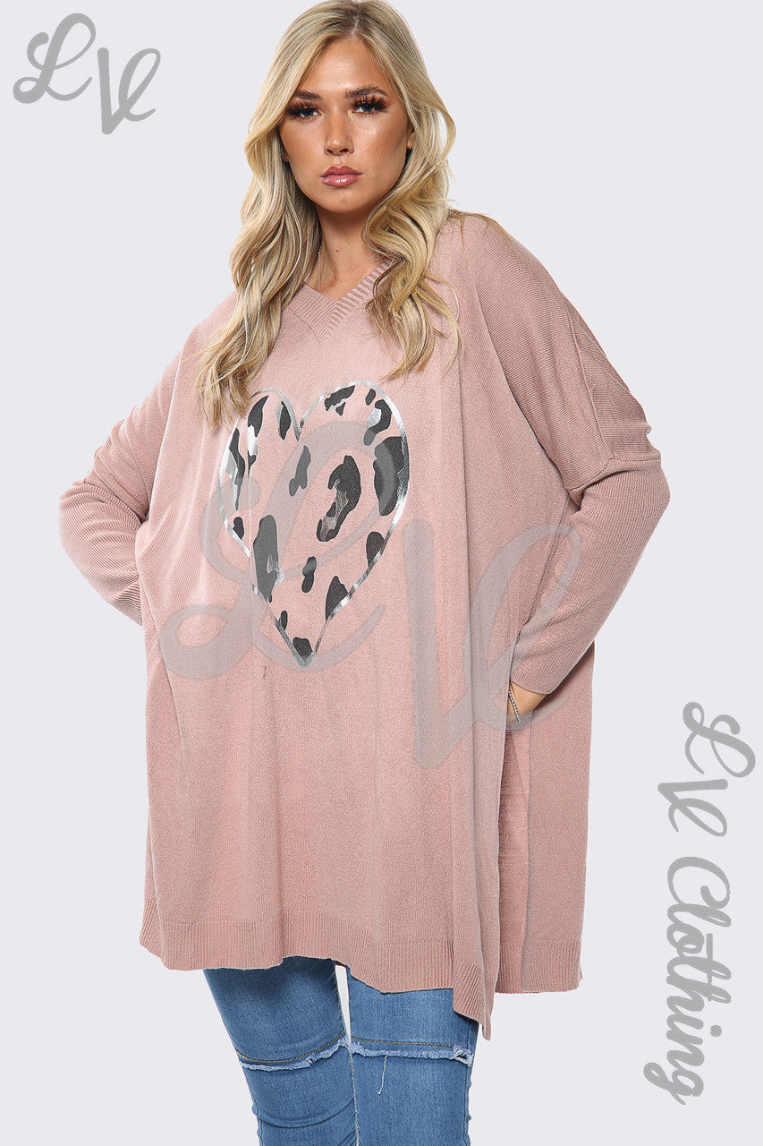 Ladies Love Heart Print Oversize Jumper Top Dusty Pink Unit Price £15.99