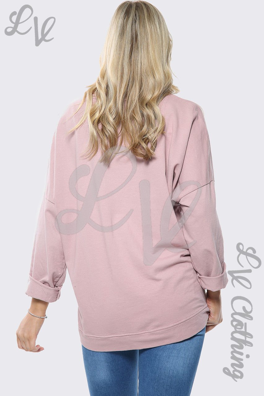 Dames Oversized Sweatshirt Top met Gouden Folie Hartjesprint Dusty Pink Stukprijs €13,99