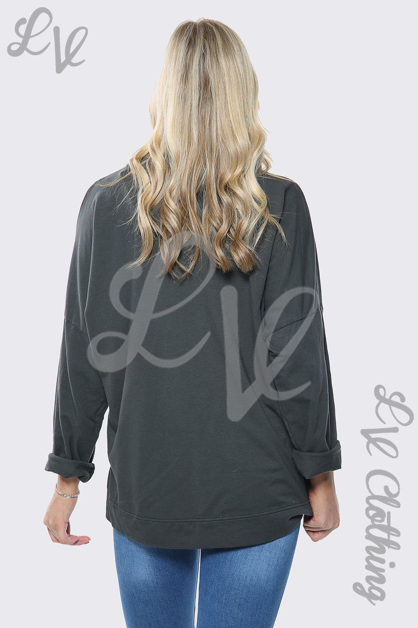 Ladies Gold Foil Heart Print Oversize Sweatshirt Top Charcoal Unit Price £13.99