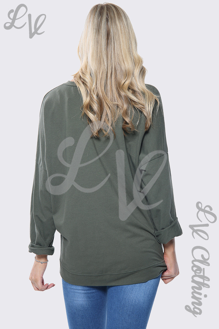 Ladies Gold Foil Heart Print Oversize Sweatshirt Top Khaki Unit Price £13.99