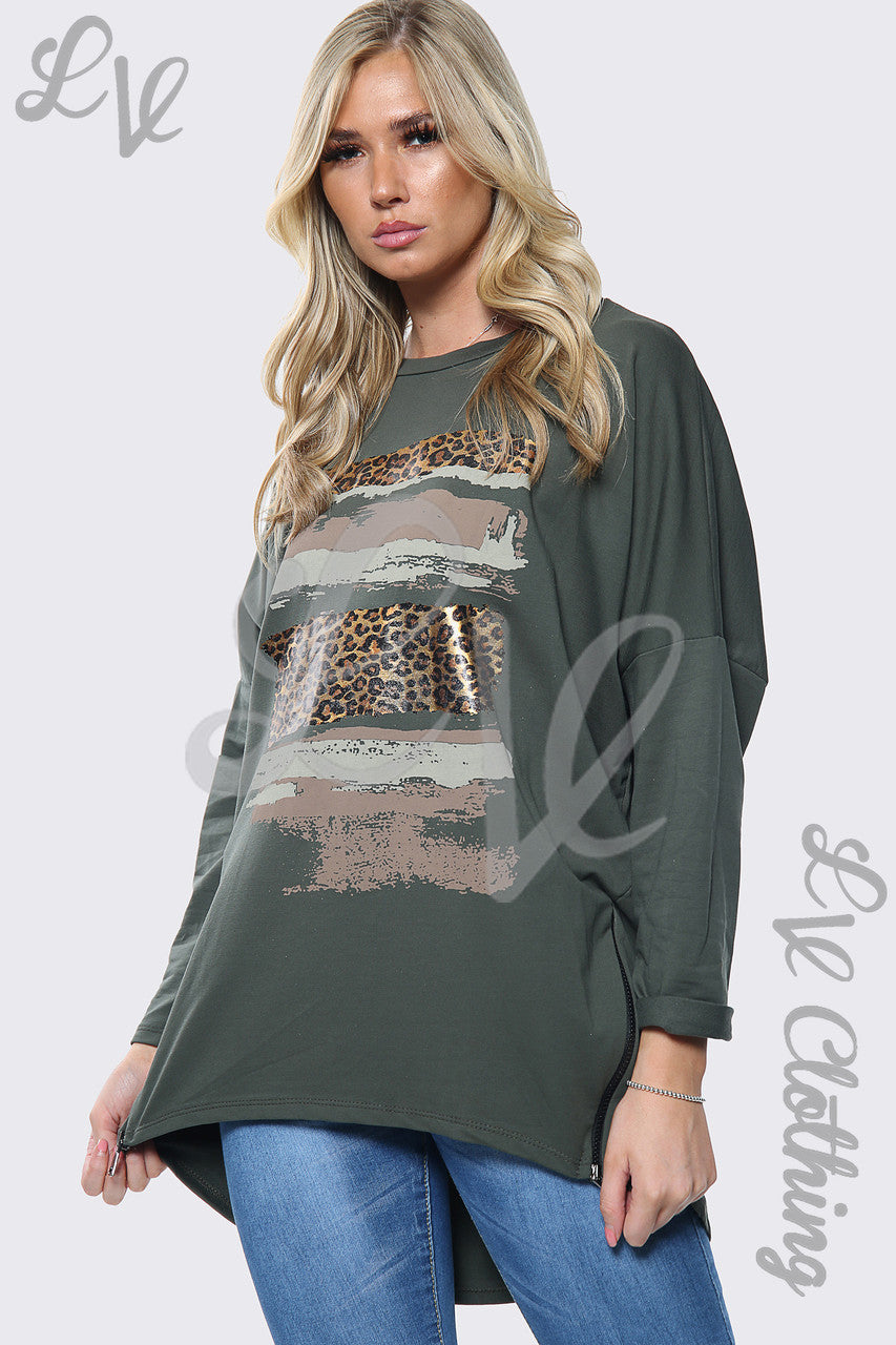 Dames oversized sweatshirt met luipaardprint khaki per stuk €10,99