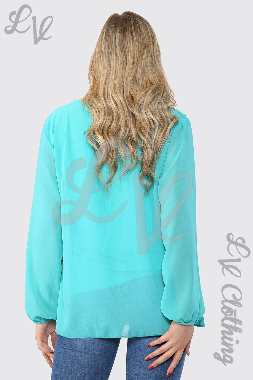 Ladies Pleated Long Sleeve Blouse With Necklace Tiffany - Unit Price £8.99