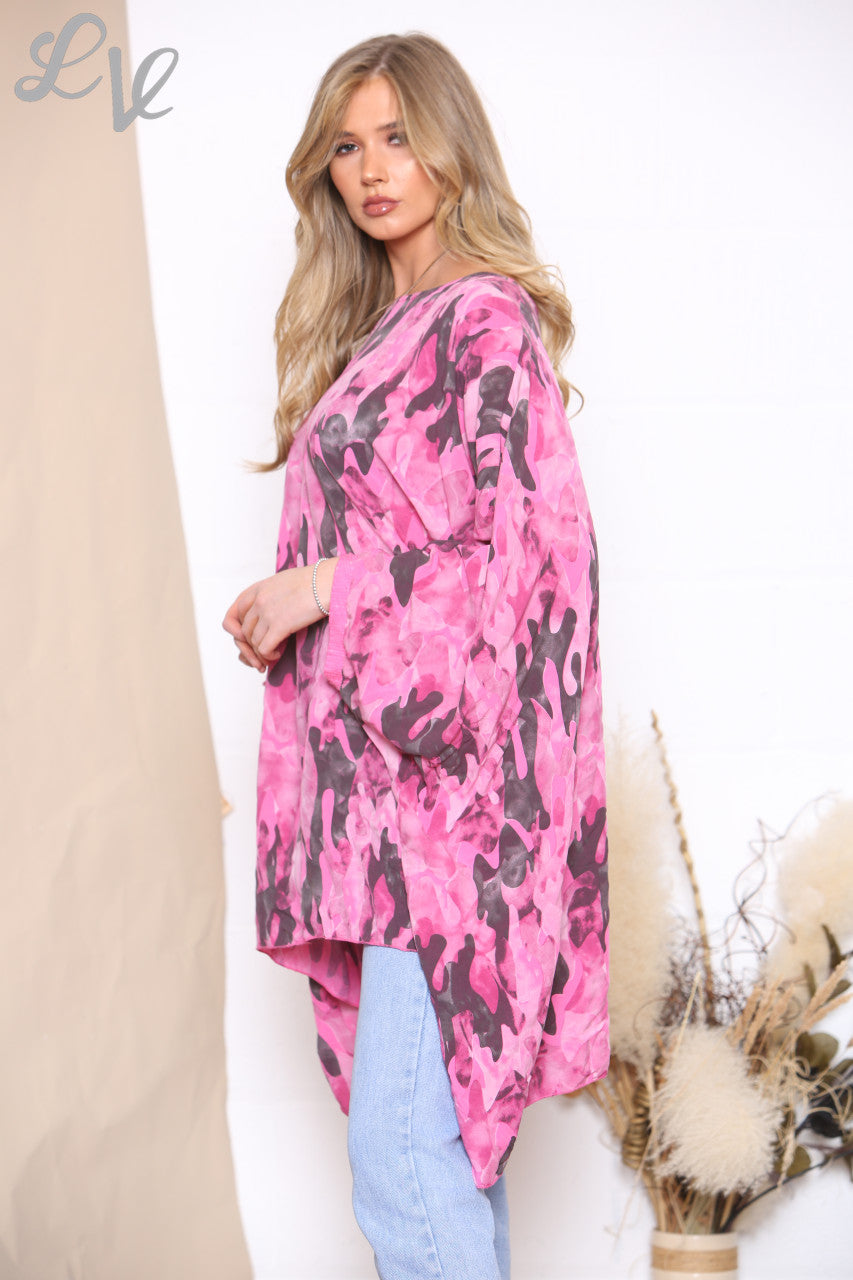 Dames Camouflageprint Batwing Top Cerise