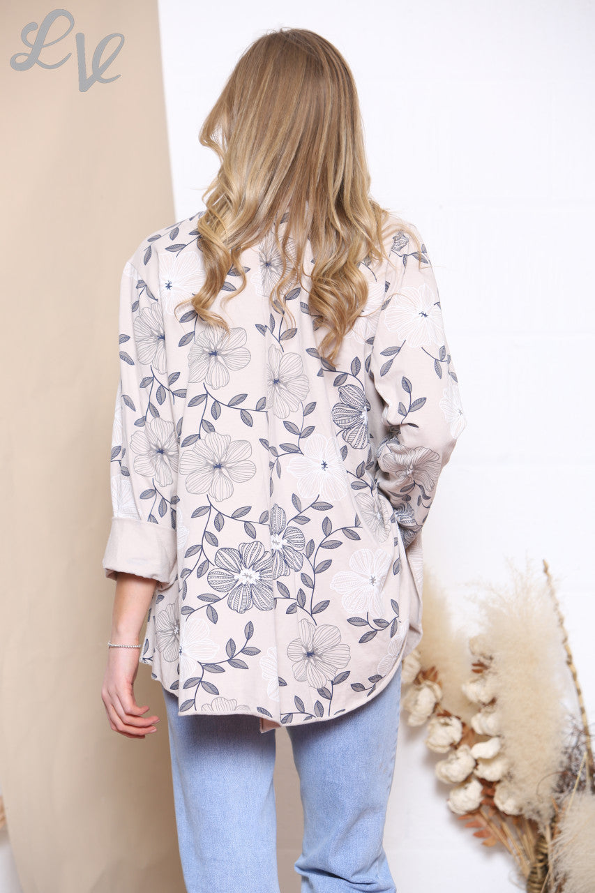 Ladies Floral Line Print Top Stone