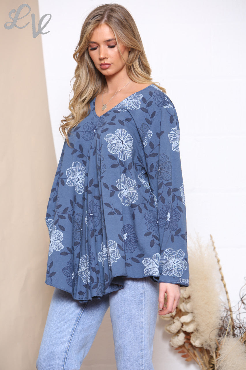 Ladies Floral Line Print Top Denim