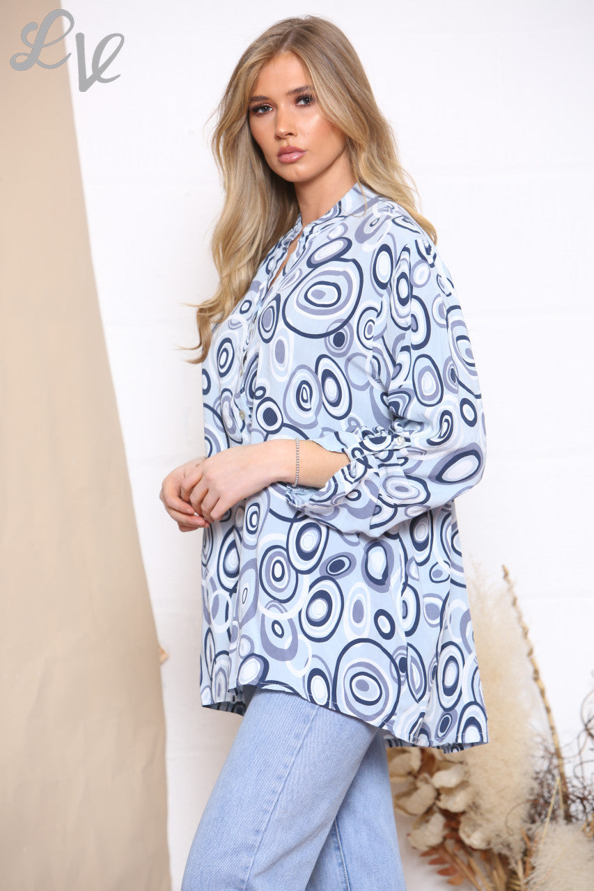 Ladies Circle Swirl Print Shirt Top Sky Blue