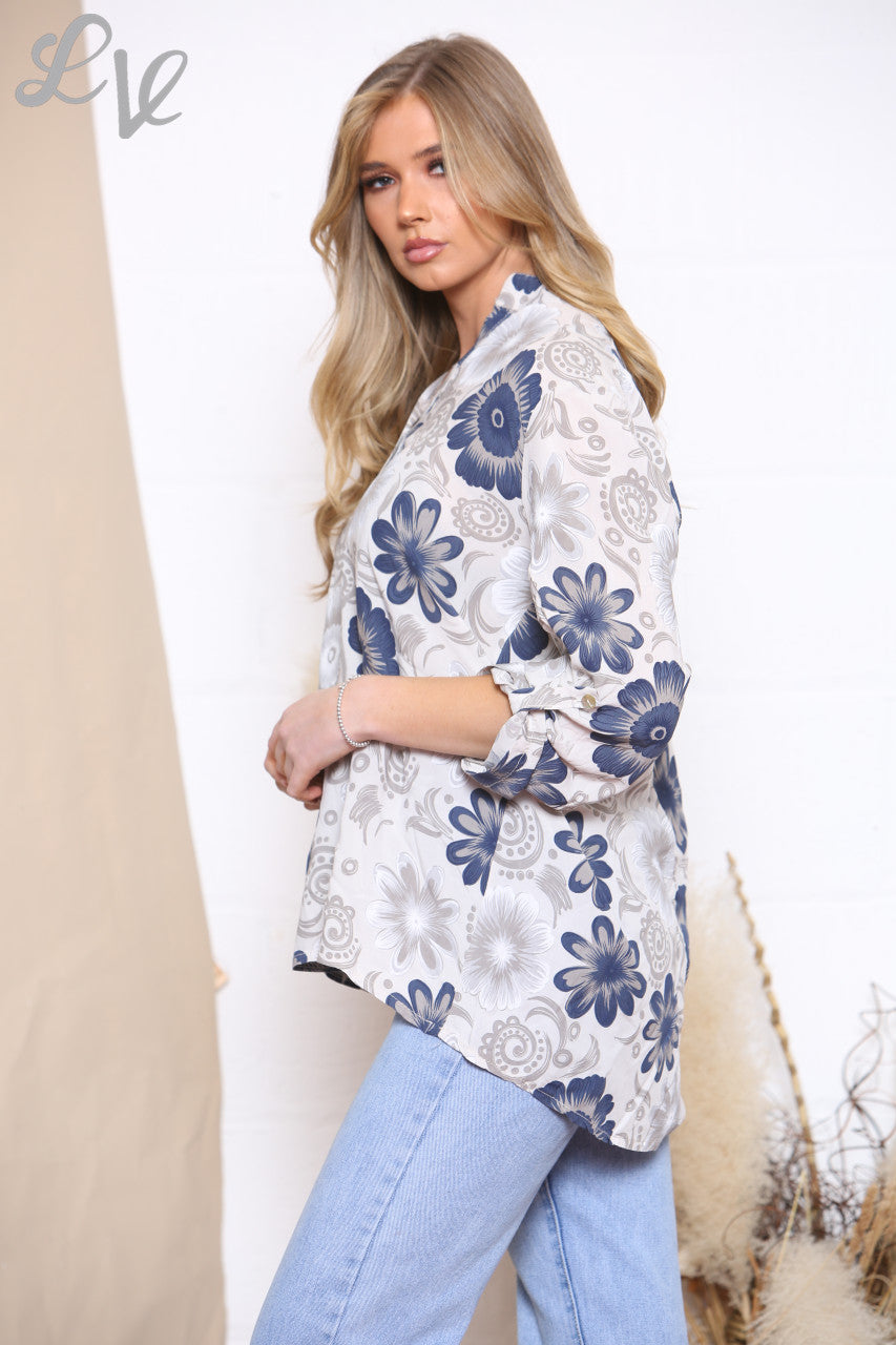 Ladies Floral Paisley Print Shirt Top Stone