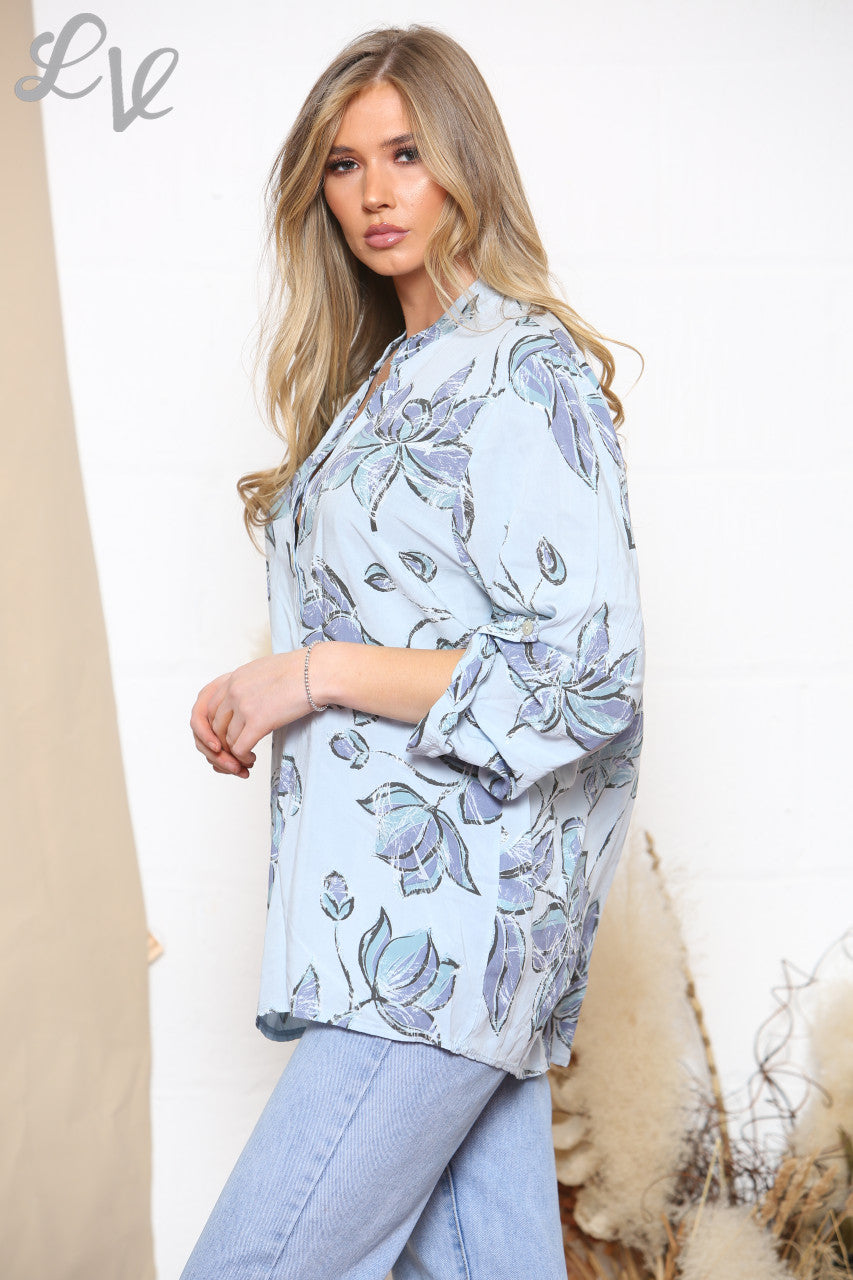 Ladies Flowers Print Shirt Top Light Blue