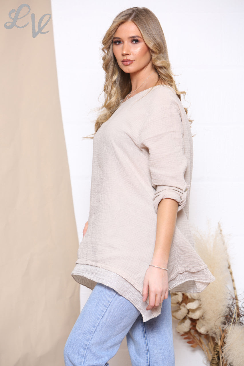 Ladies Textured Top With Sequin Hemline Stone