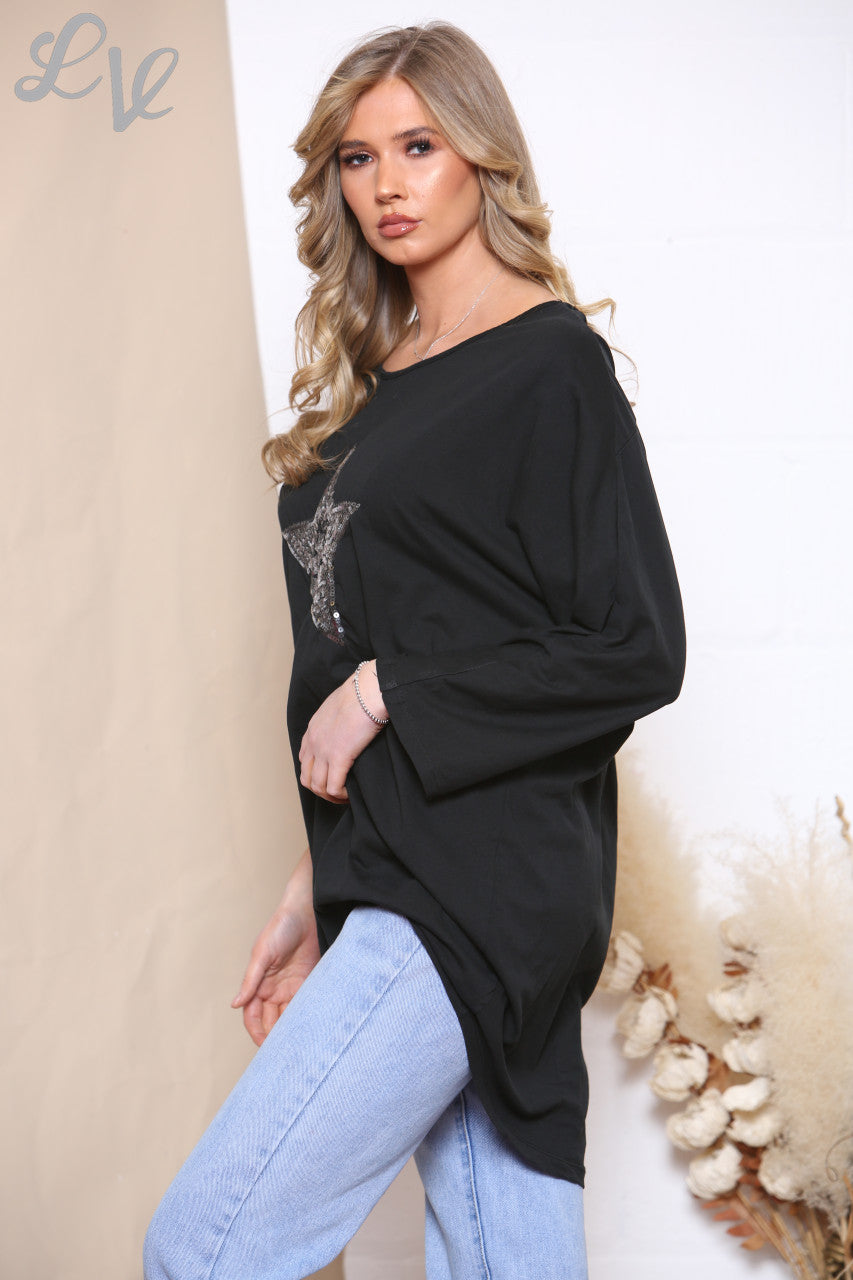 Ladies Star Front & Twist Back Detail Sweatshirt Top Black