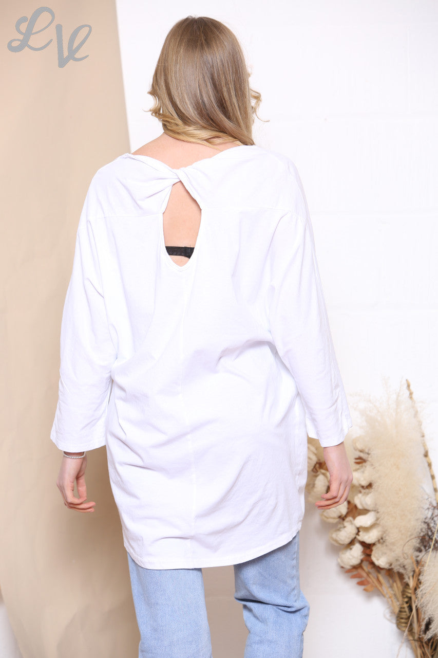 Ladies Star Front & Twist Back Detail Sweatshirt Top White
