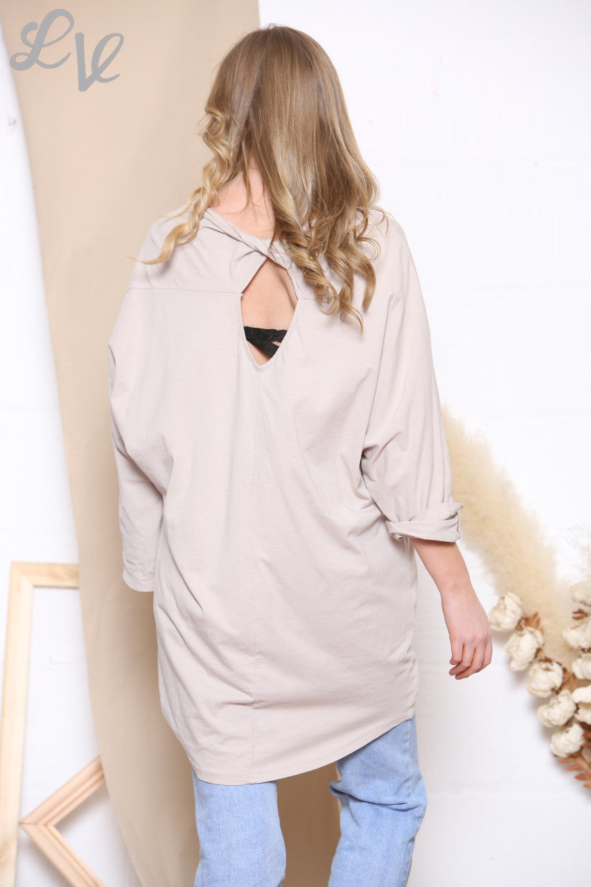 Ladies Star Front & Twist Back Detail Sweatshirt Top Stone