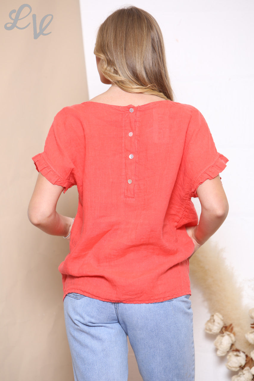 Ladies Button Back Detail Top Coral