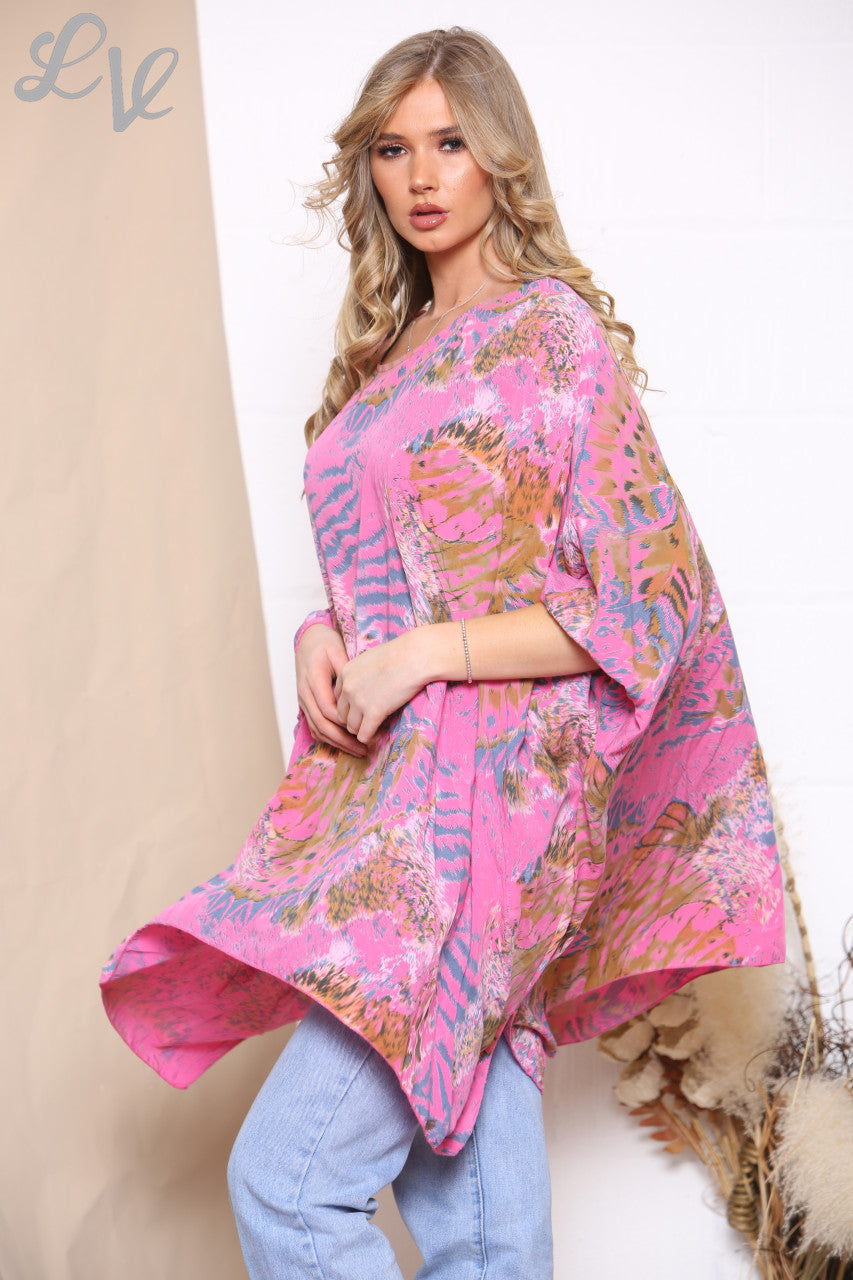 Dames Top met Dierenprint en Vleermuismouwen Cerise