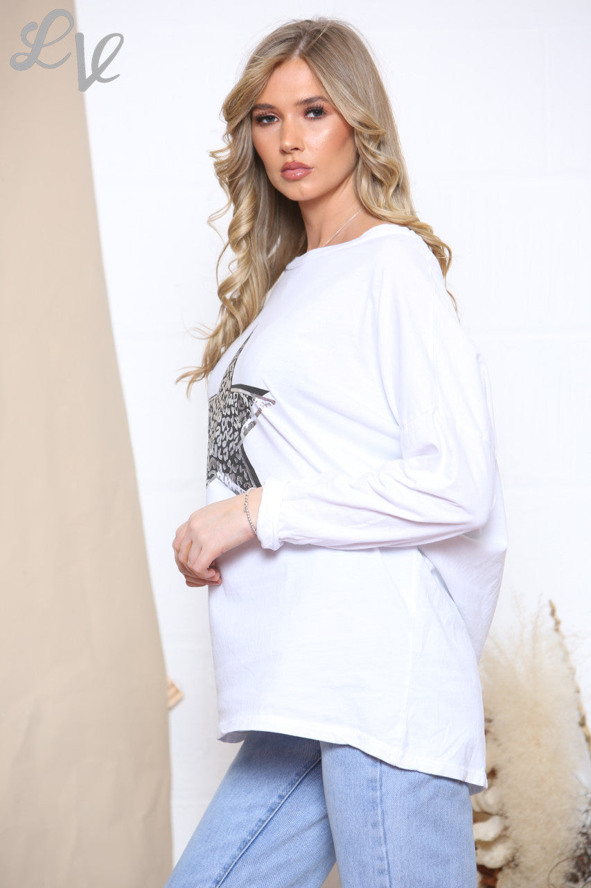 Ladies Leopard Print Foil Star Top White