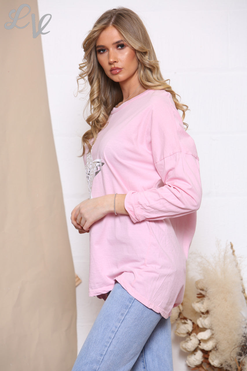 Dames Top Roze Luipaardprint Folie Ster