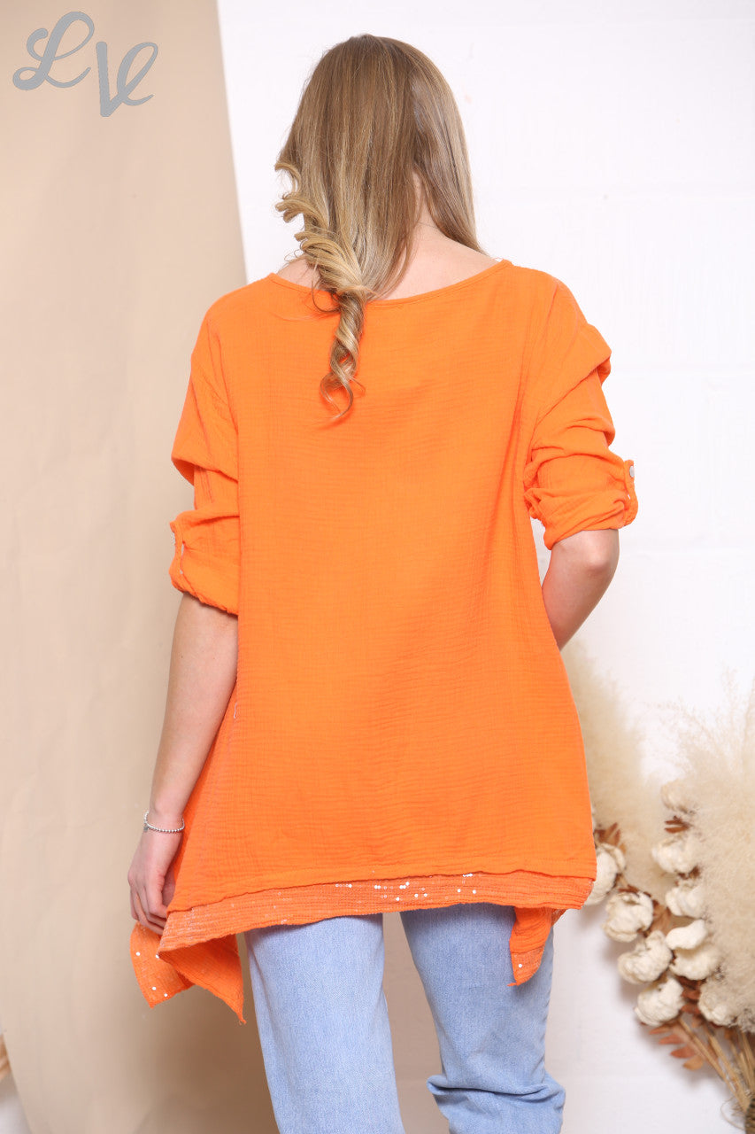 Dames Top Met Structuur En Paillettenzoom Oranje