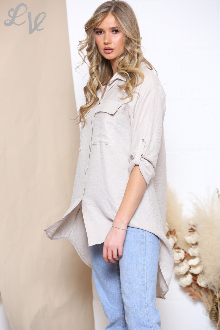 Ladies Pocket Front Button Up Longline Shirt Stone