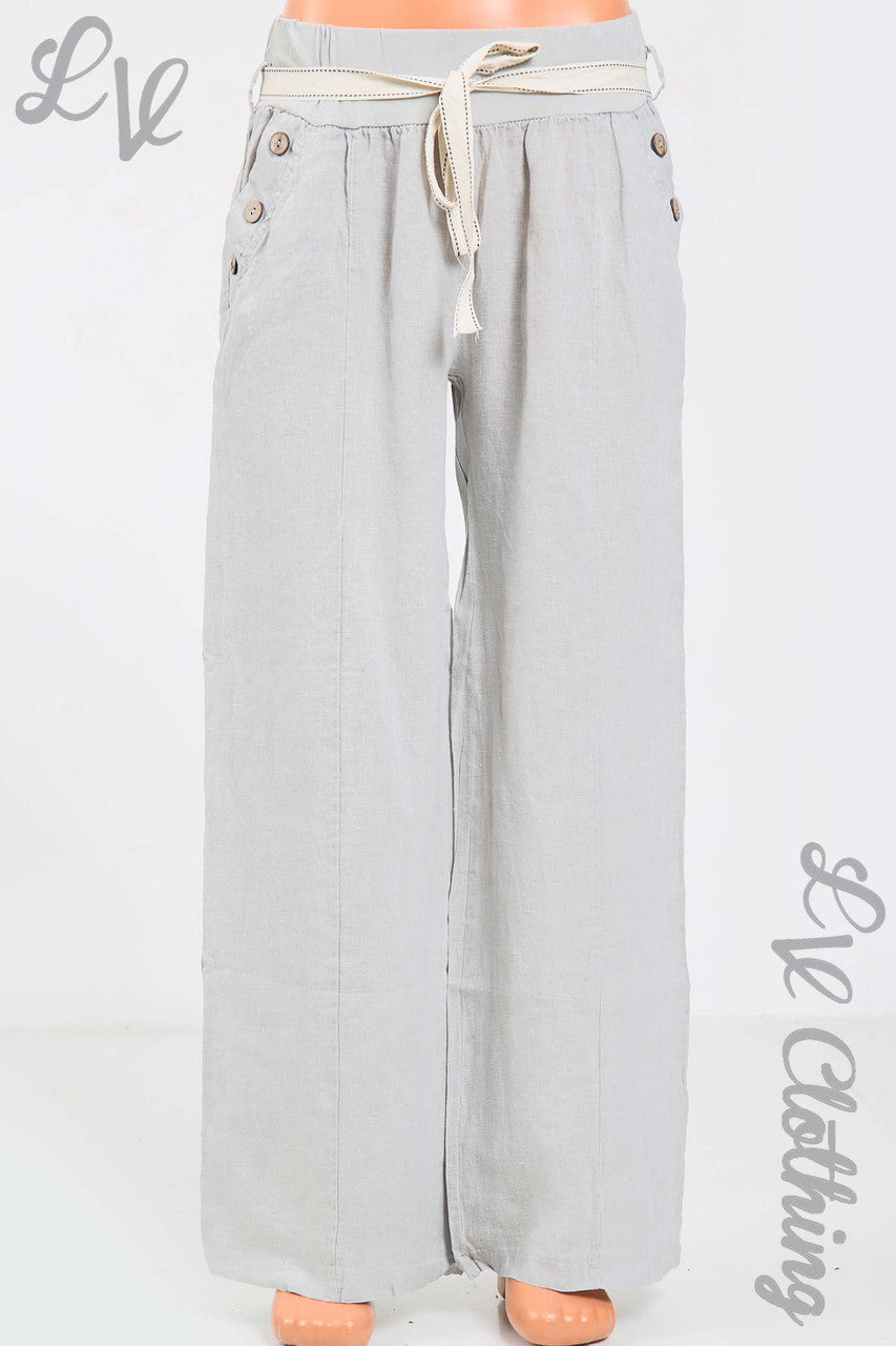 Dames Linnen Broek Met Elastische Taille, Knoopzakdetail & Riem Zilver - Eenheidsprijs £17.99