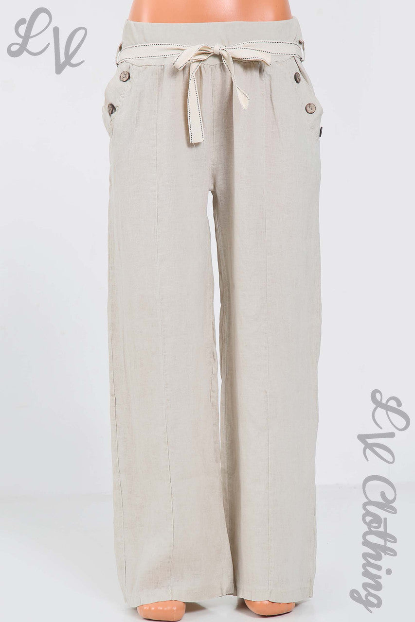 Ladies Elasticated Waist Linen Trousers With Button Pocket Detail & Belt Stone - Unit Price £17.99