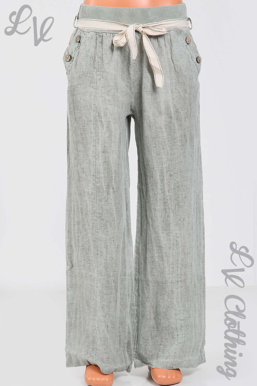 Ladies Elasticated Waist Linen Trousers With Button Pocket Detail & Belt Khaki- Unit Price £17.99