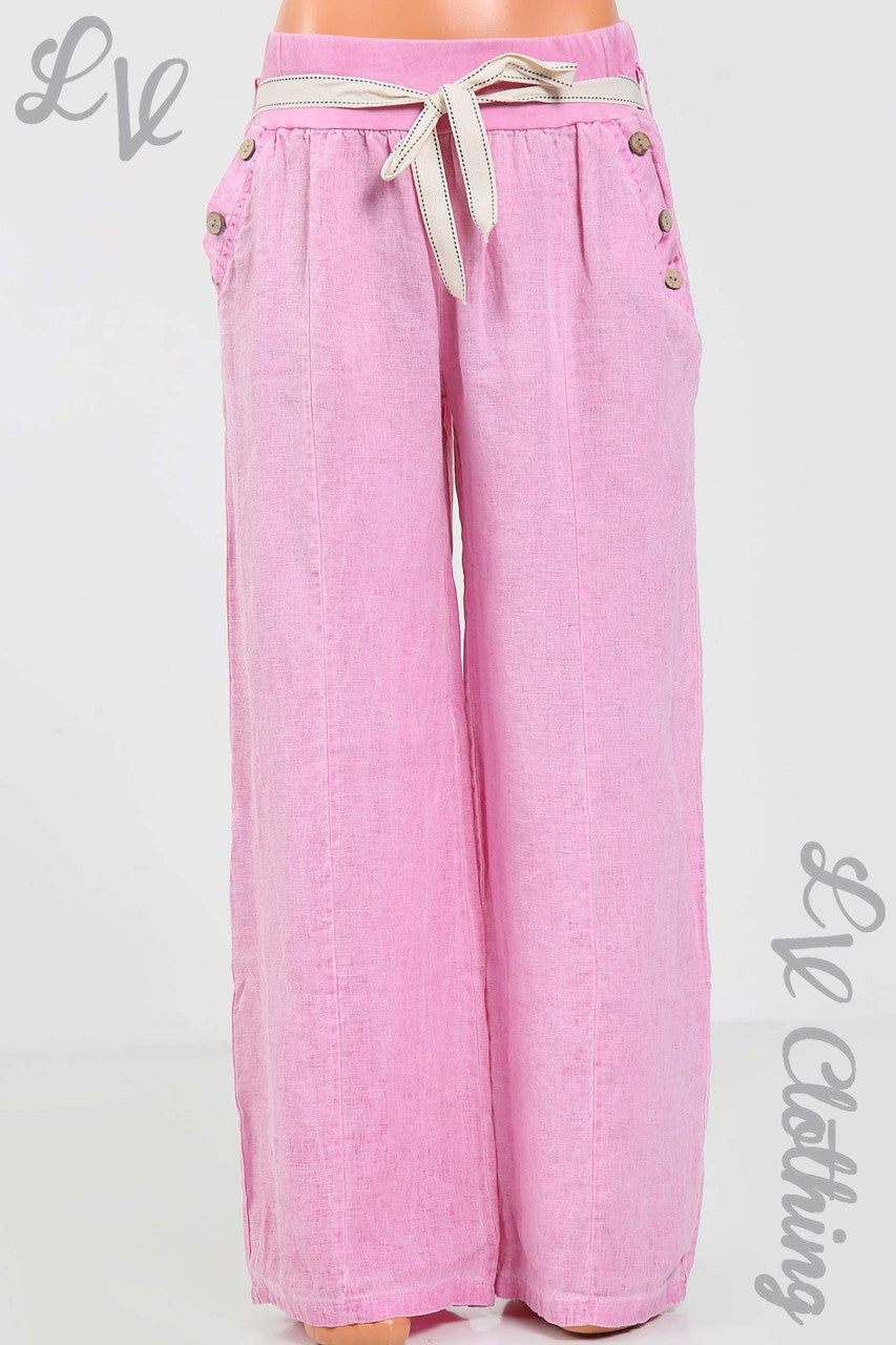 Ladies Elasticated Waist Linen Trousers With Button Pocket Detail & Belt Cerise - Unit Price £17.99