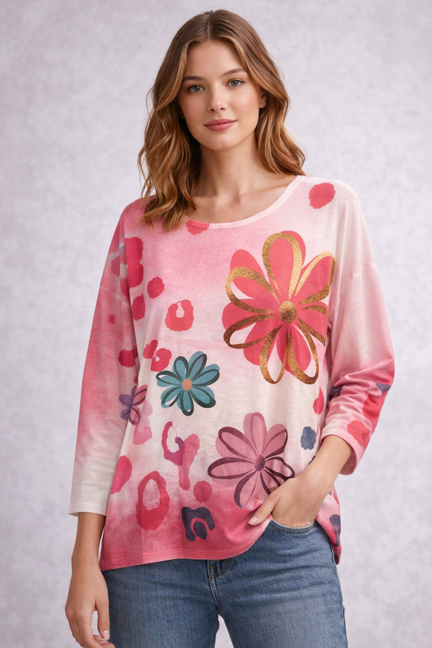 Floral Print Lightweight Knit Top - Fucshia