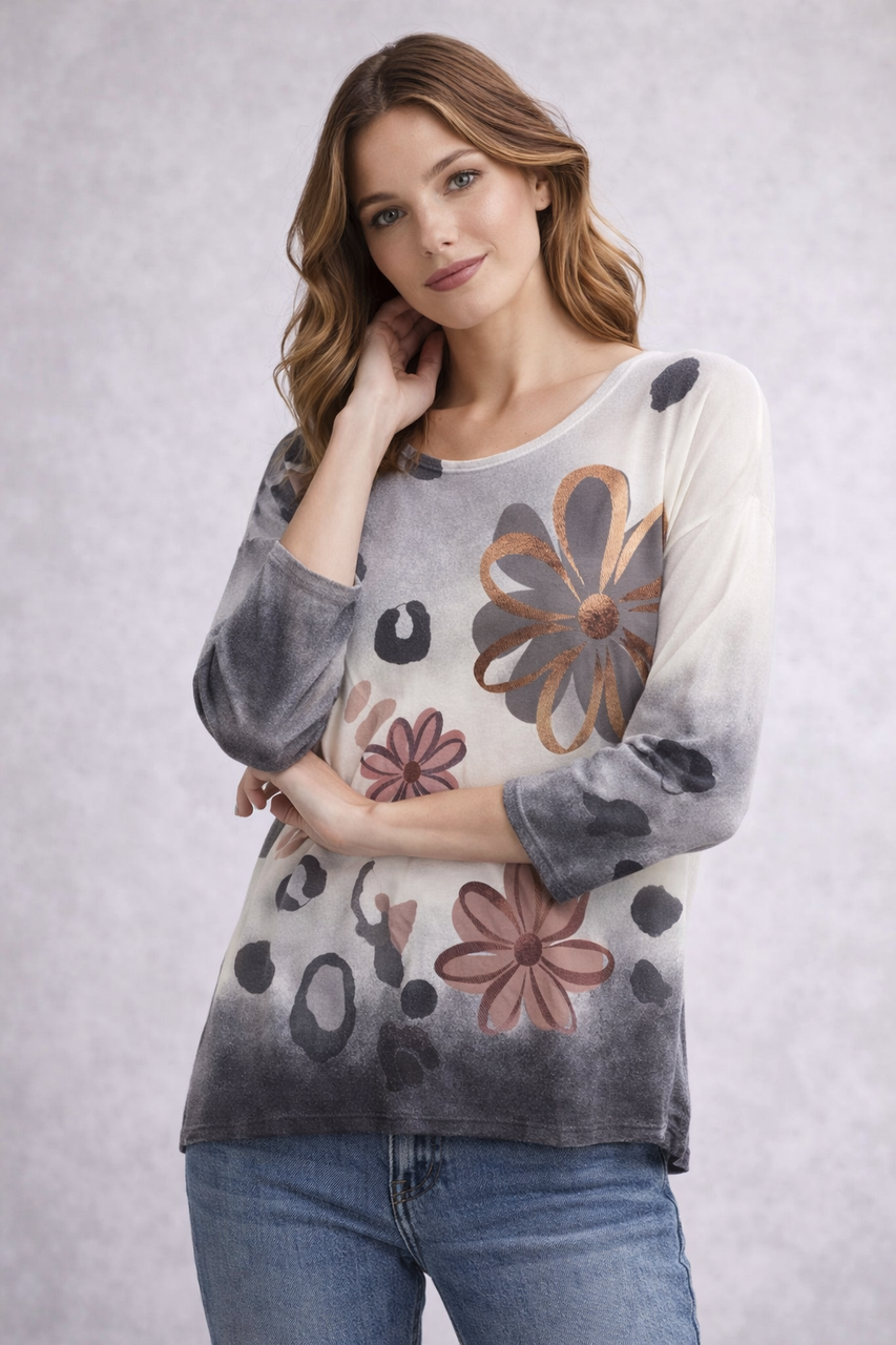 Floral Print Lightweight Knit Top - Grey