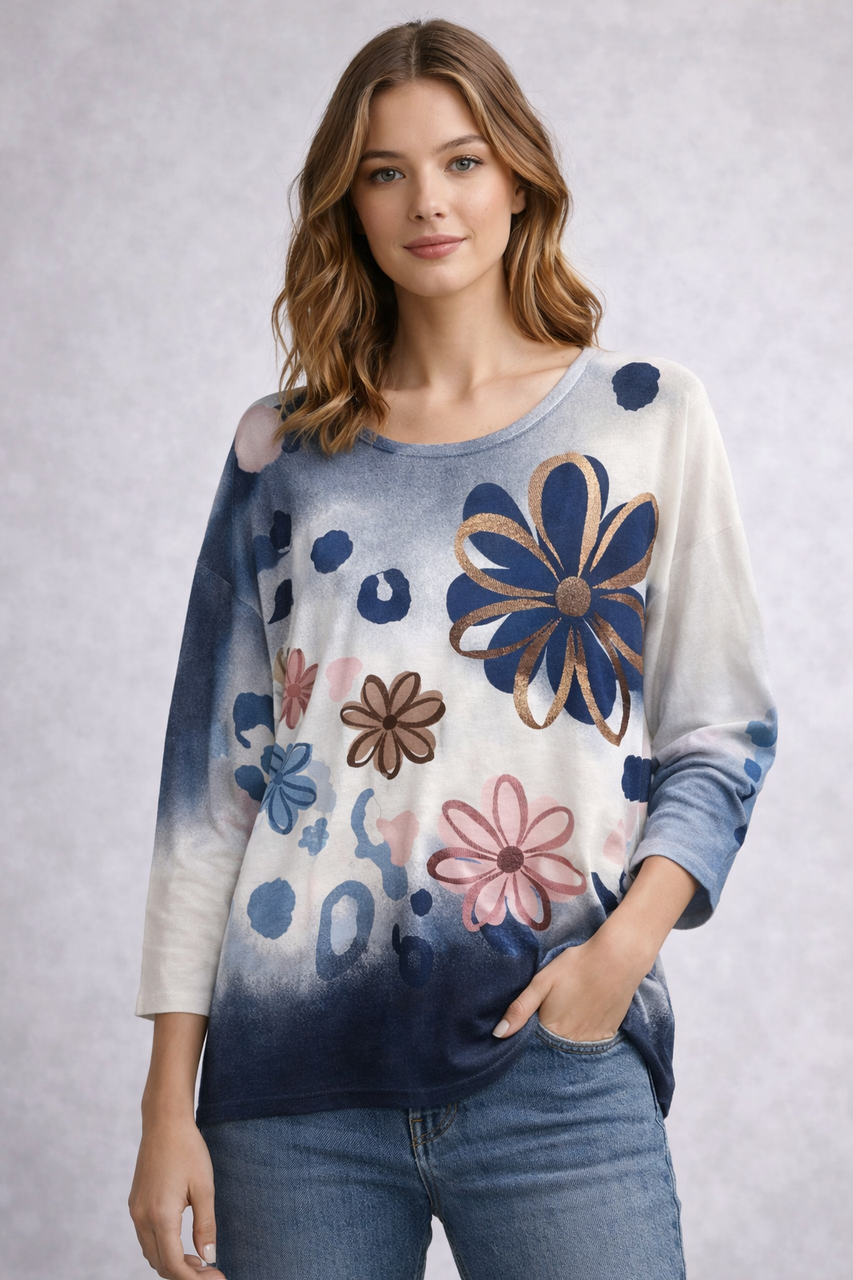 Floral Print Lightweight Knit Top - Navy