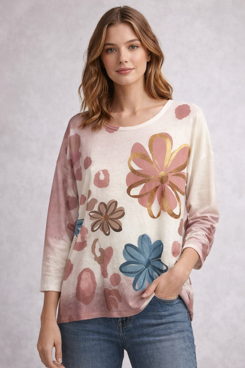 Floral Print Lightweight Knit Top - Camel