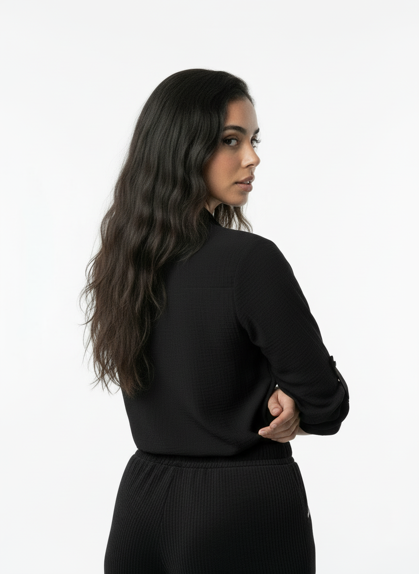 Elegant Textured Tie-Neck Blouse - Black