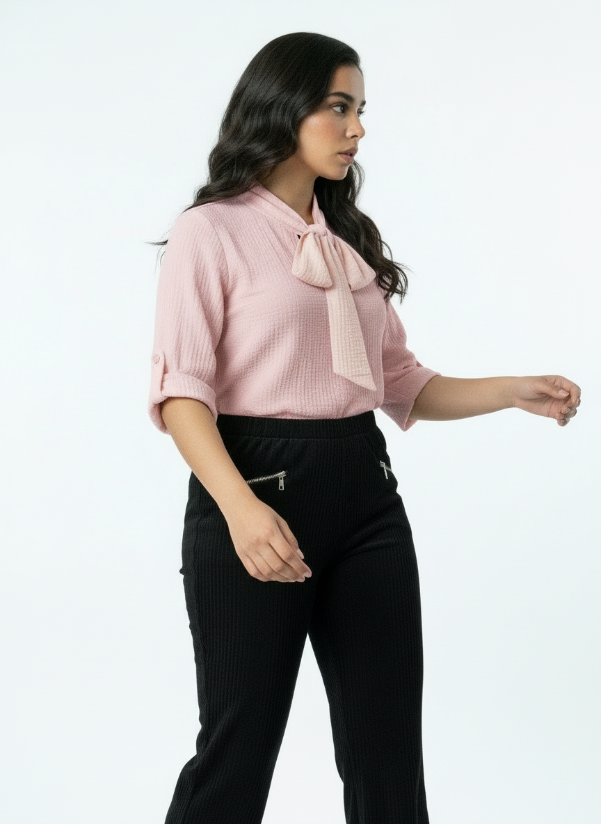 Elegant Textured Tie-Neck Blouse - Pink