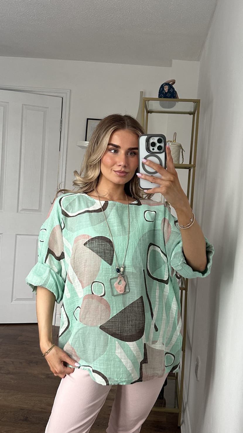 Abstract Geometric Mint Print Boxy Top - Mint