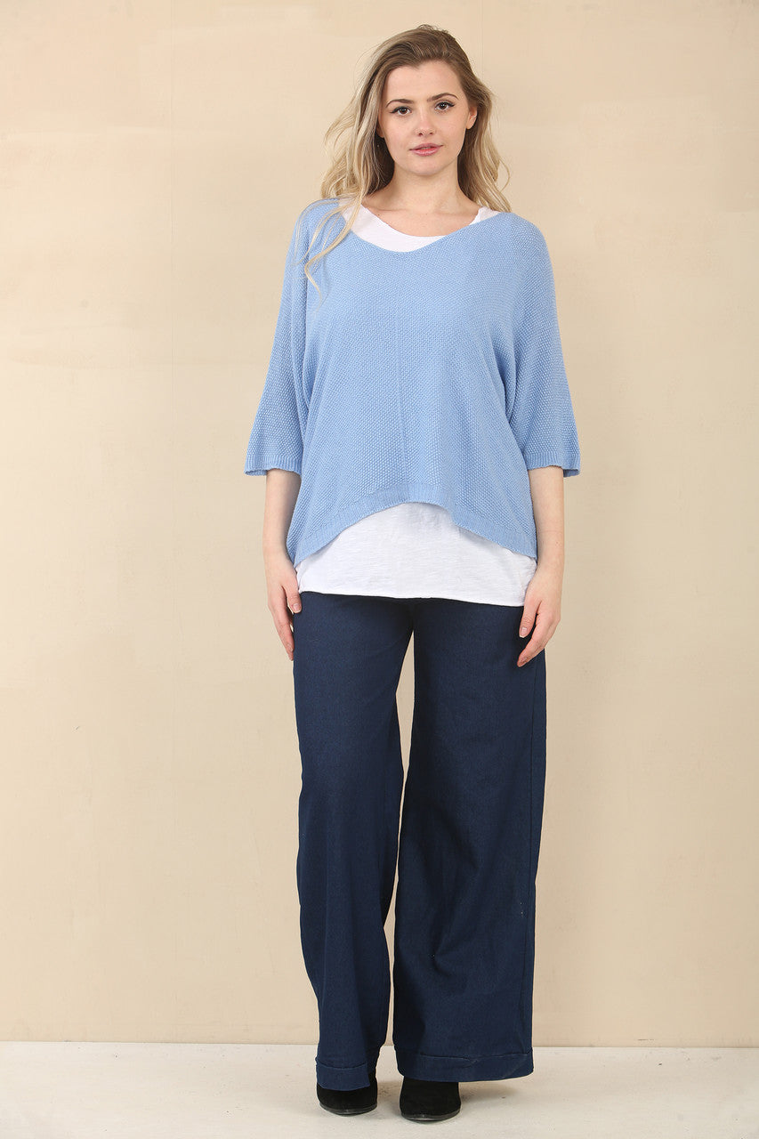 V-NECK PLAIN KNITTED JUMPER TOP - POWDER BLUE
