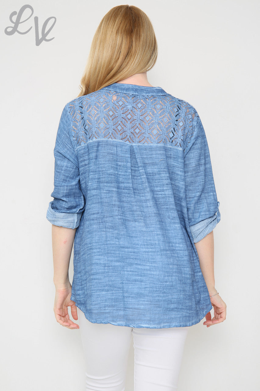 Ladies Lace Shoulder Detail Shirt Denim