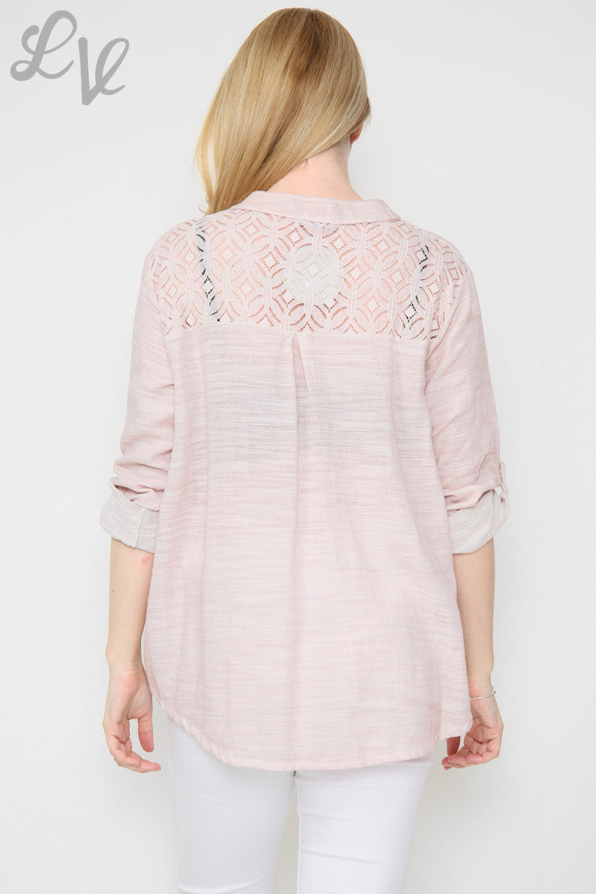 Dames Kanten Schouder Detail Shirt Dusty Roze