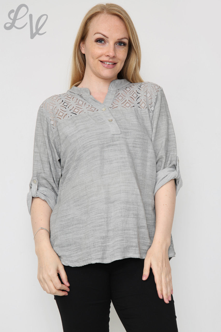 Dames blouse met kant en schouderdetail Grijs