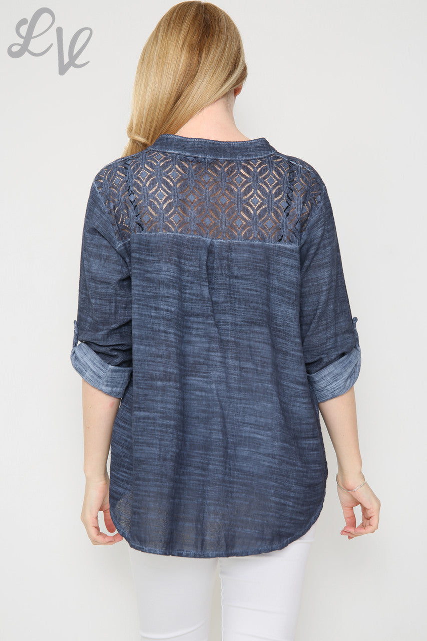 Dames Blouse Marineblauw met Kanten Schouderdetails