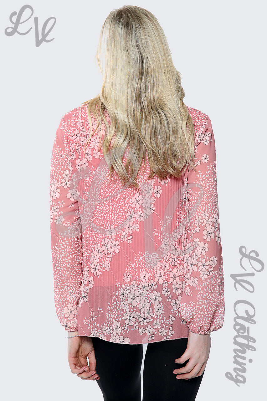 Dames Blouse Geplisseerd Met Bloemen- En Bladmotief Zalm Eenheidsprijs £8.99