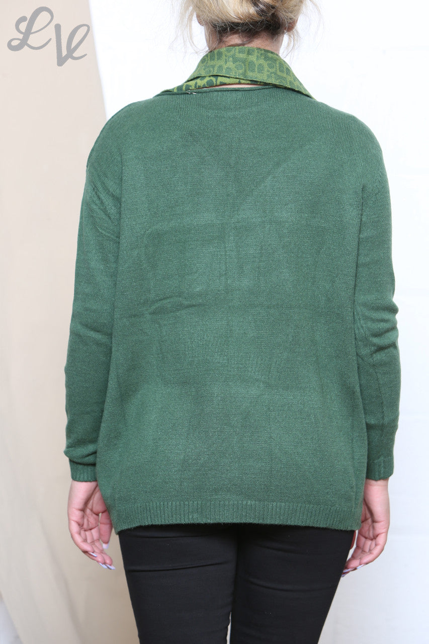 Ladies Jumper With 2 Front Pocket Detail & Printed Scarf Green