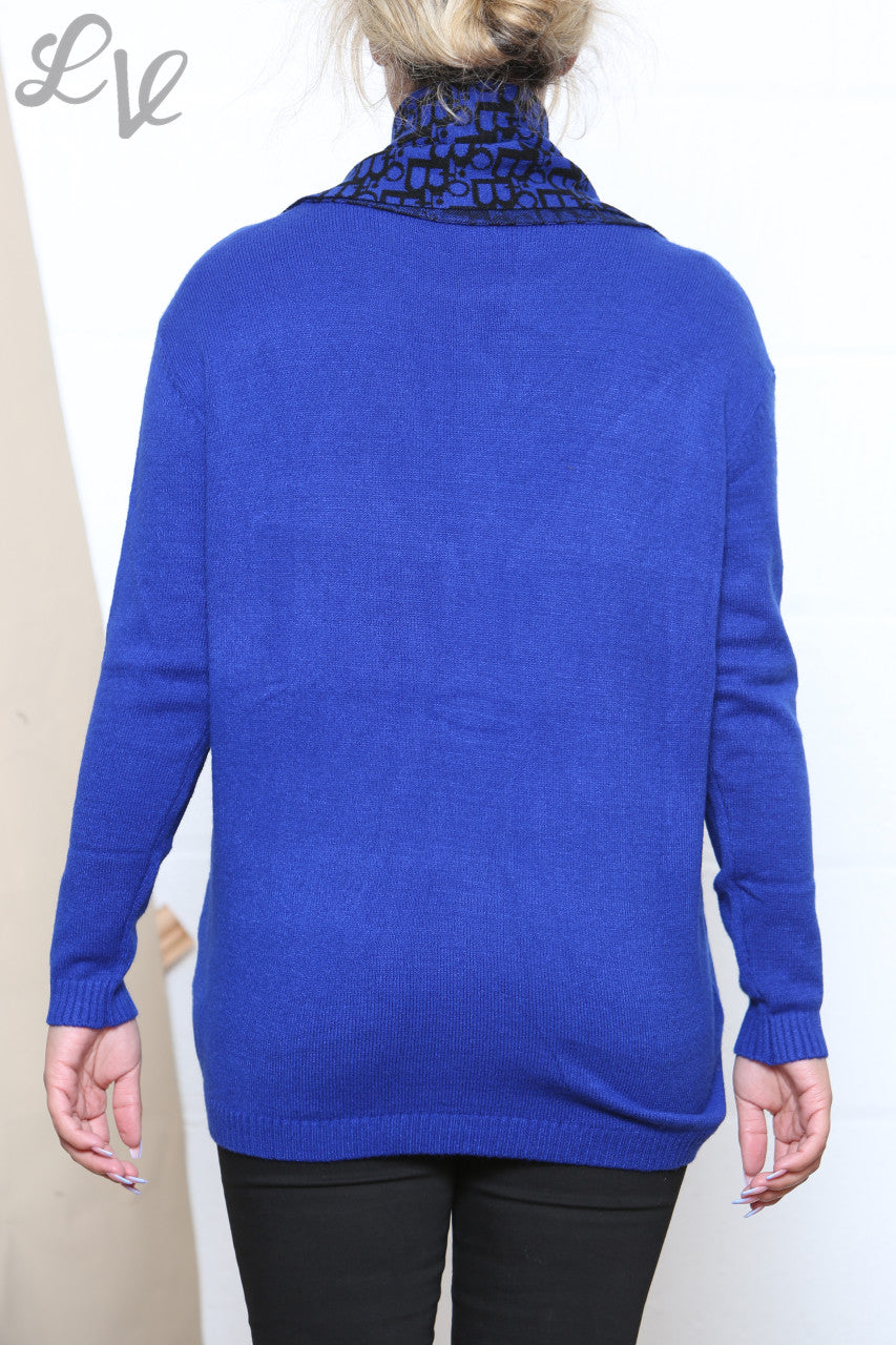 Dames Jumper Met 2 Voorzakken & Bedrukte Sjaal Koningsblauw