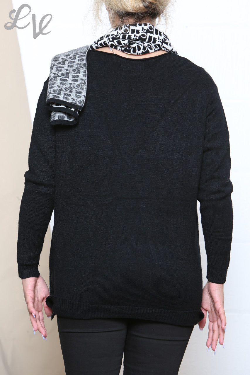 Ladies Jumper With 2 Front Pocket Detail & Printed Scarf Black