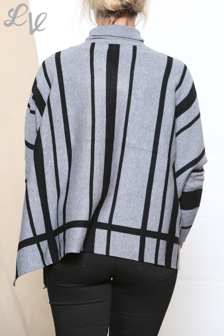 Ladies Stripe Design Roll Neck Long Sleeve Jumper Grey