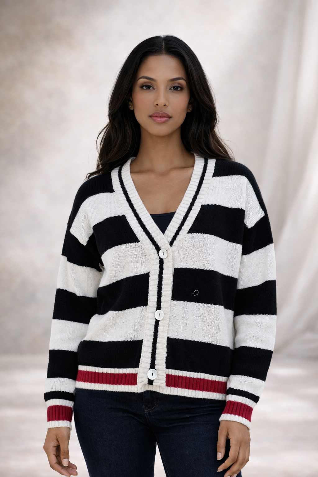 Striped Button-Front Cardigan with Contrast Trim - Black