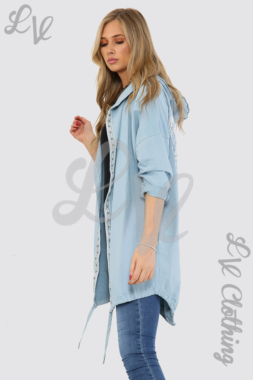Damesjack met capuchon met bloemenfoliedetail achter lichtblauw - Eenheidsprijs £18,99