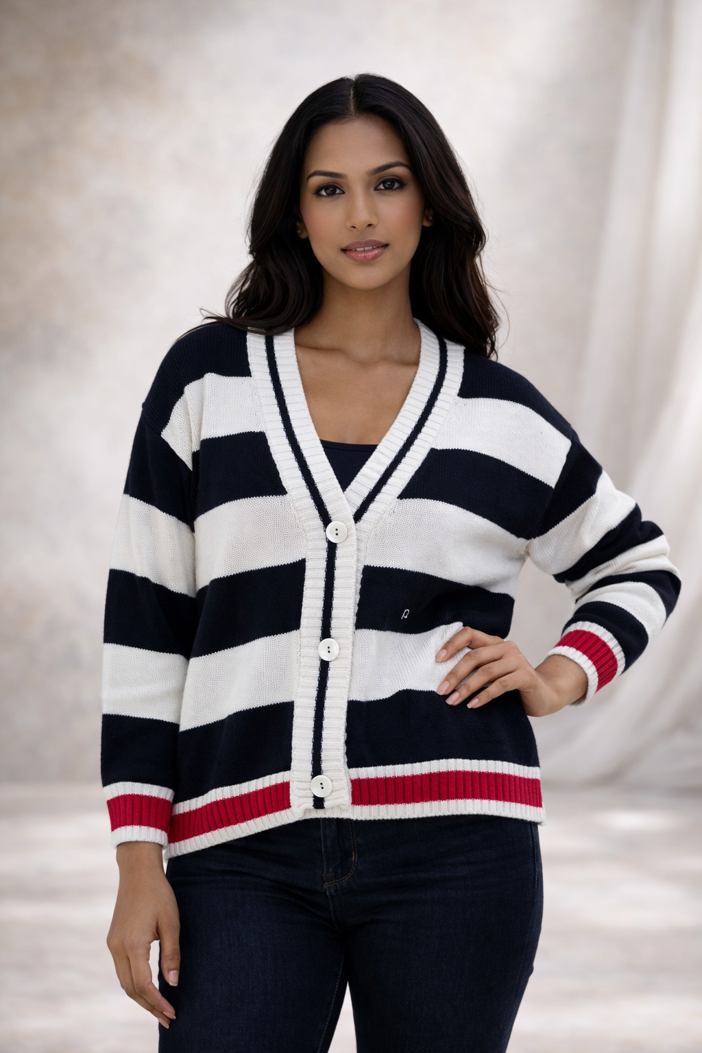 Gestreept vest met knoopsluiting en contrasterende biezen - Marineblauw