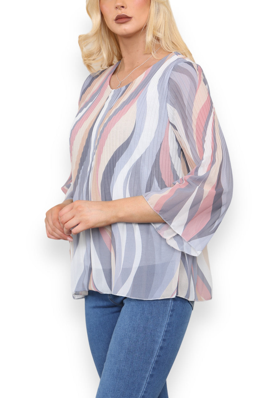 SWIRL LINES PRINT PLEATED BLOUSE TOP GREY