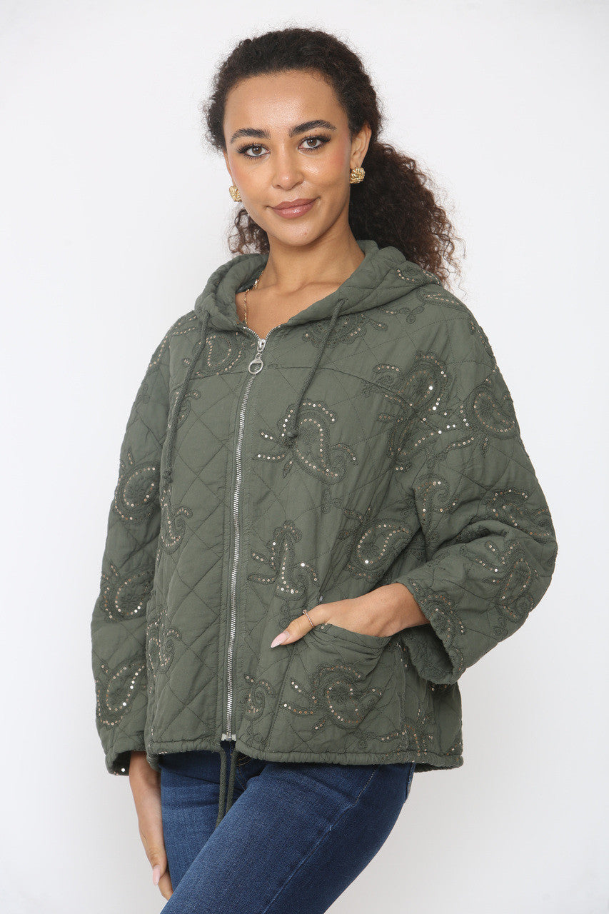 PAISLEY PRINT SEQUIN DETAIL QUILTED JACKET KHAKI