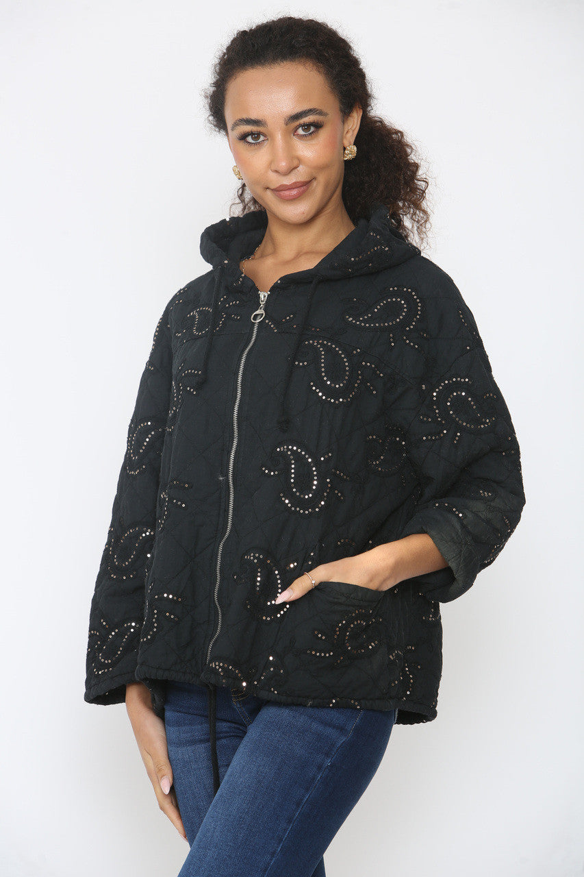 PAISLEY PRINT SEQUIN DETAIL QUILTED JACKET BLACK